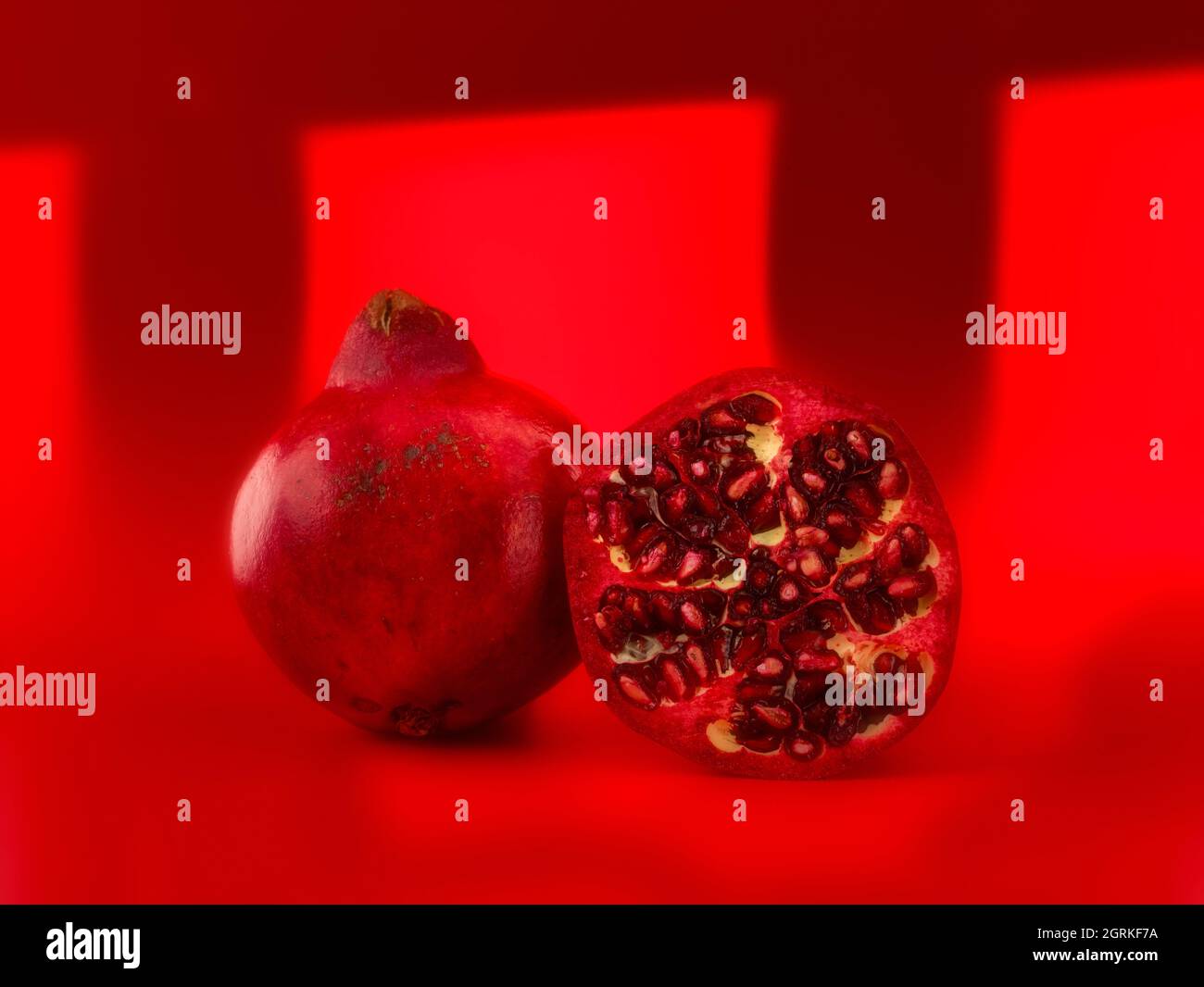 Granatapfel (Punica granatum), Fruchtstillleben vor einfachem Hintergrund Stockfoto