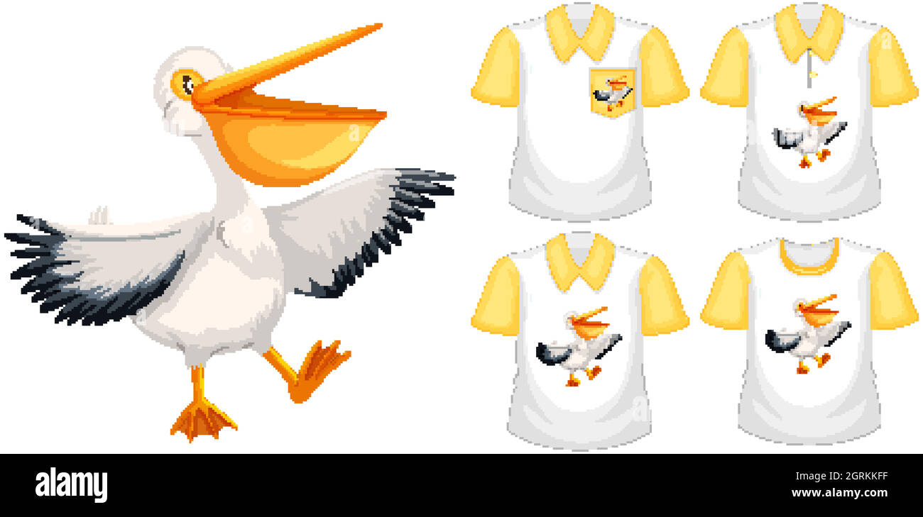 Brauner Pelikan in Standposition Zeichentrickfigur mit vielen Arten von Hemden auf weißem Hintergrund Stock Vektor