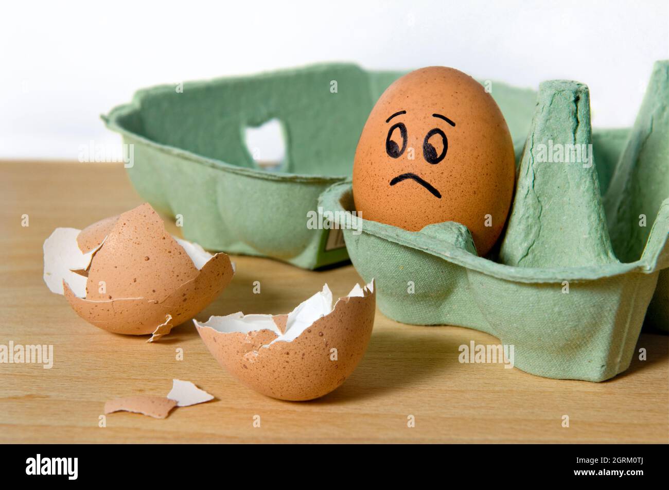 Ungekochte Eier mit einem verängstigten Gesicht, das auf gesprungene Eierschalen schaut und darauf wartet, dass sie geknackt werden Stockfoto