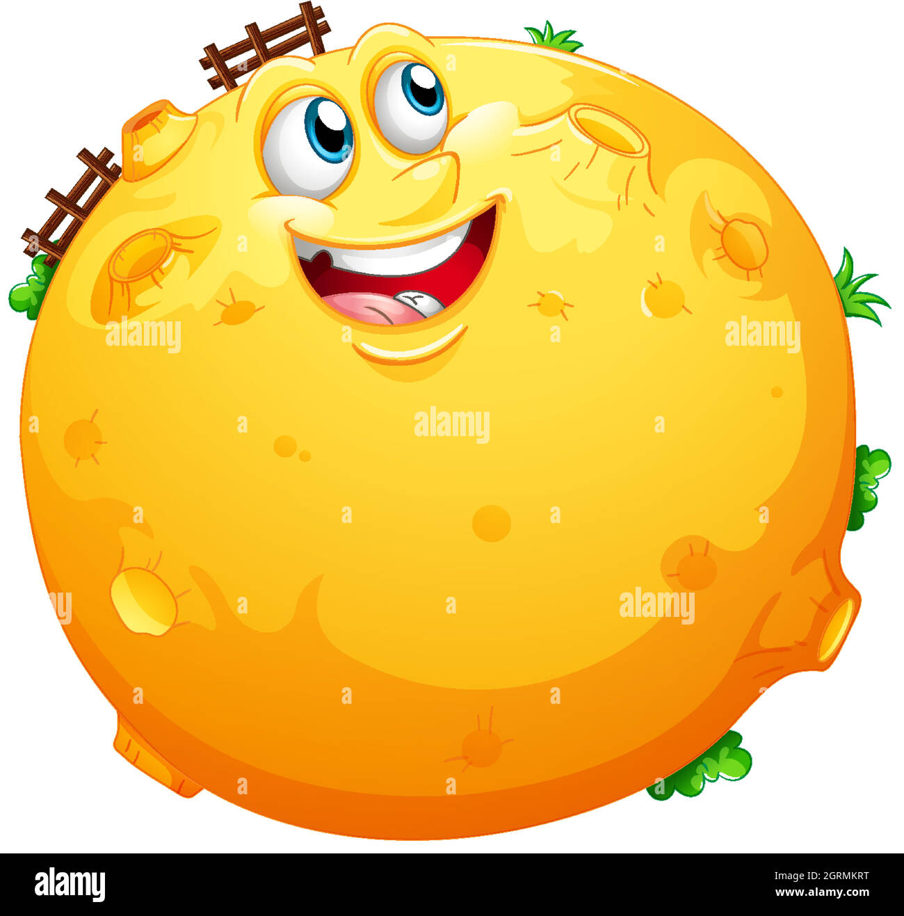 Gelber Mond mit glücklichem Gesicht in Zeichentrickfigur auf weißem Hintergrund Stock Vektor