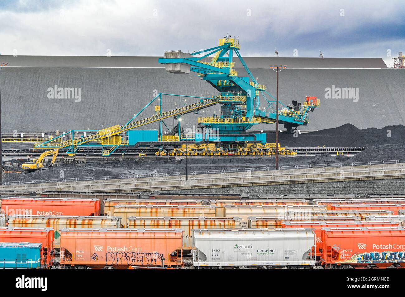 Kohleabsetzer, Neptune Terminals, North Vancouver, British Columbia, Kanada Stockfoto