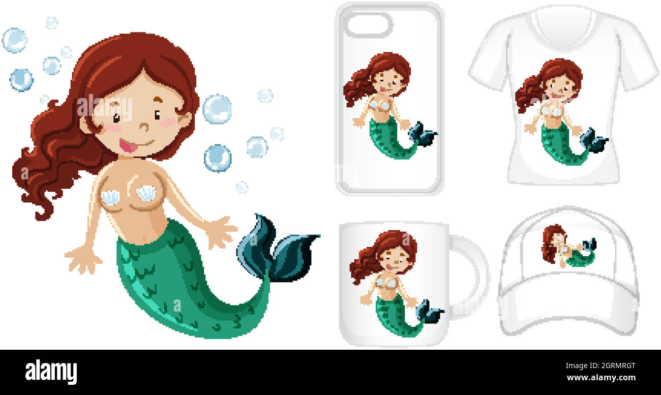 Grafikdesign auf verschiedenen Produkten mit Meerjungfrau Stock Vektor