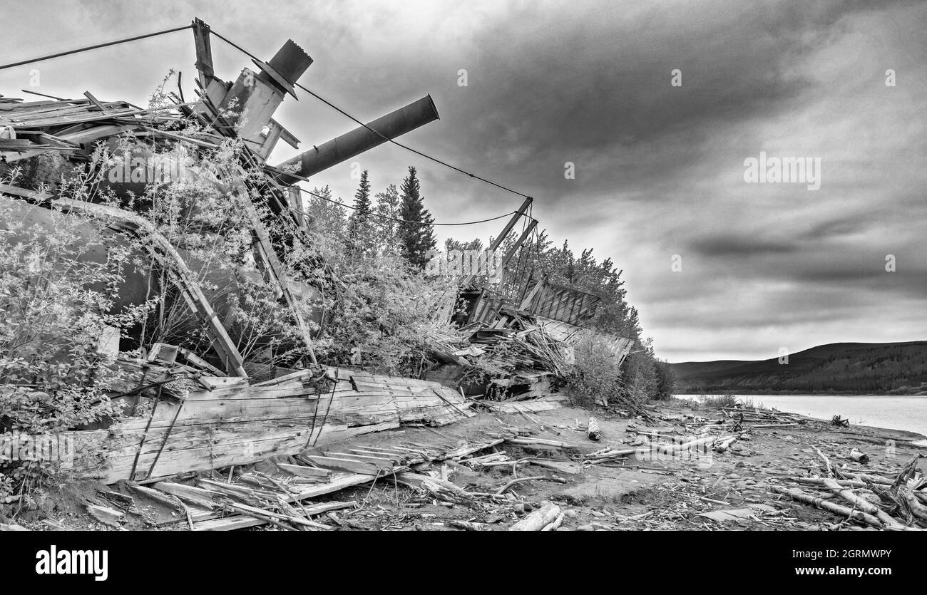 Kanada, Yukon Territory, Yukon River, Ruine des Flussbootes entlang des Flussufers, wo es auf Grund ging, monochrom Stockfoto