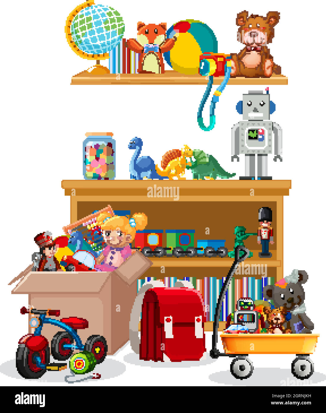 Regal und Box voller Spielzeug auf weißem Hintergrund Stock Vektor