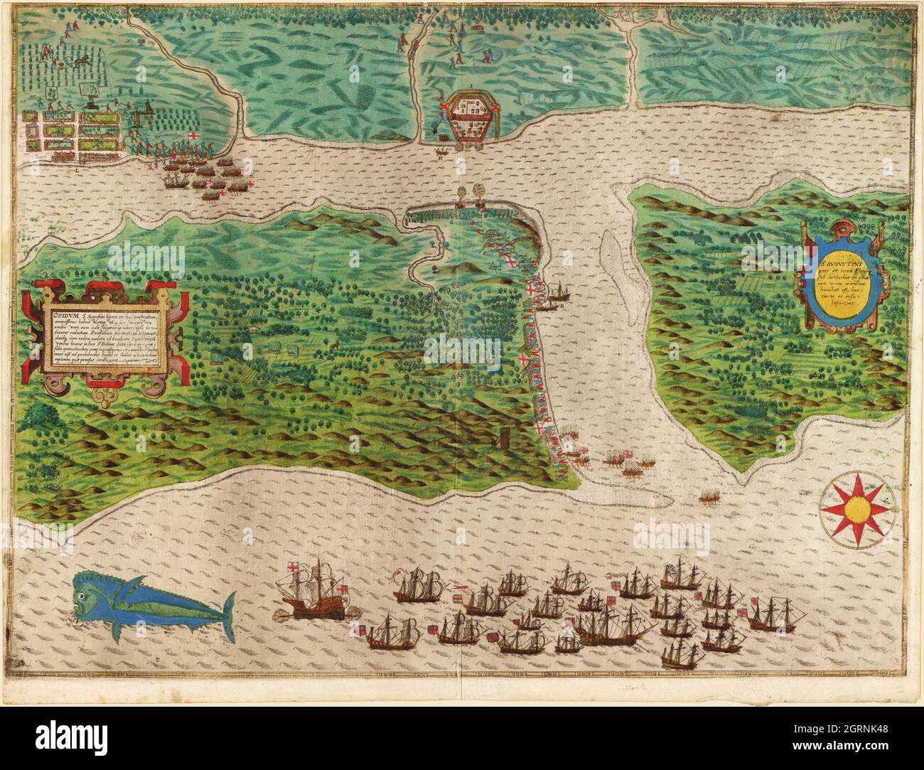 Karte und Ansichten zur Reise von Sir Francis Drake nach West-Indien, 1585-6 von Boazio, Baptista. Stockfoto