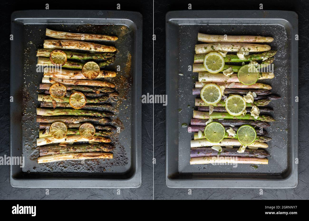 Gebacken und bereit zum Backen von weißem, violettem und grünem Spargelsprossen Gemüse mit Zitrone, Knoblauch und Käse auf dunklem Hintergrund. Food-Fotografie Stockfoto