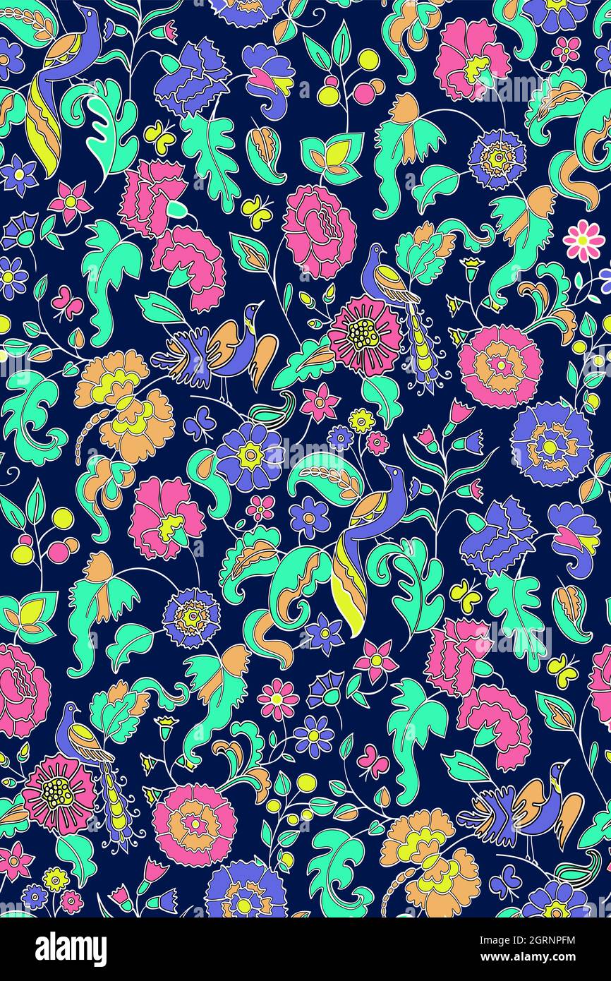 Florales Nahtloses Hintergrundmuster. Ethnische Vektor-Illustration. Fantasy-Blumen und Vögel. Orientalischer Stil Stock Vektor