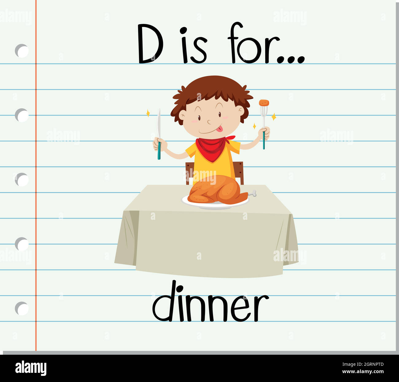 Der Buchstabe D der Flashcard ist für das Abendessen bestimmt Stock Vektor