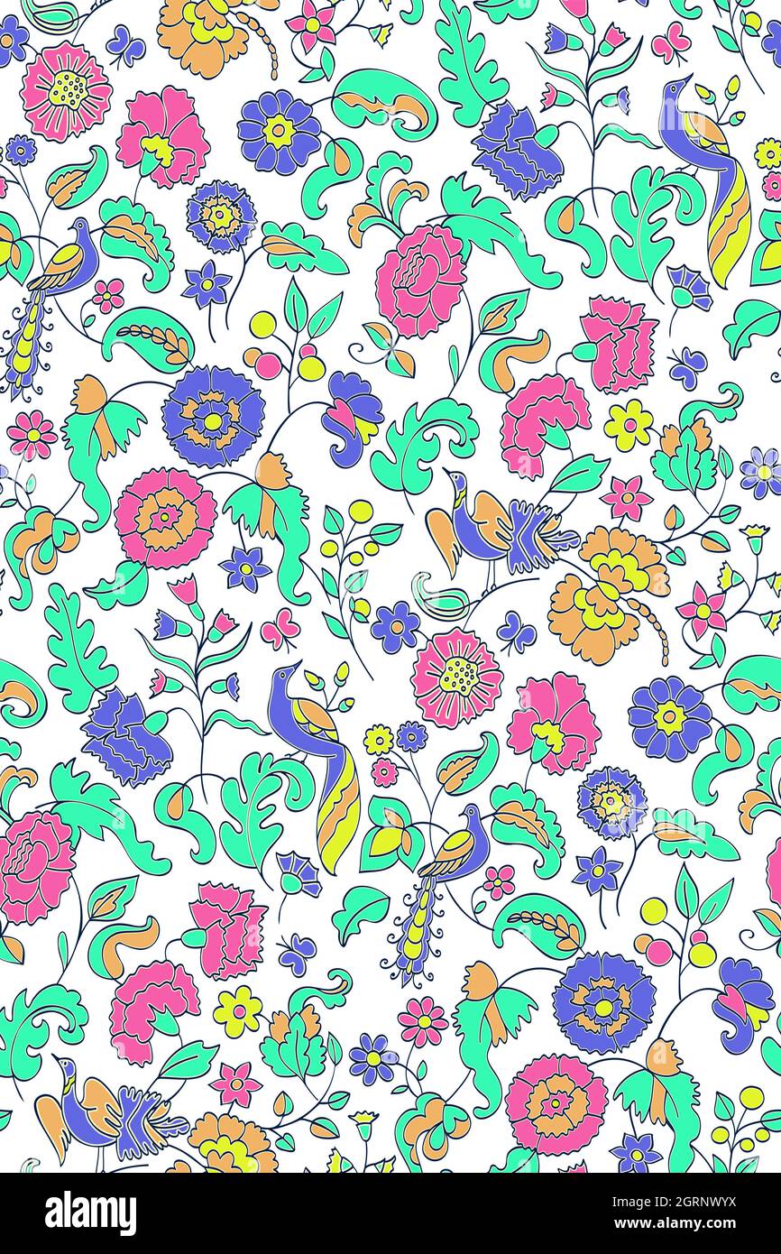 Florales Nahtloses Hintergrundmuster. Ethnische Vektor-Illustration. Fantasy-Blumen und Vögel. Orientalischer Stil Stock Vektor