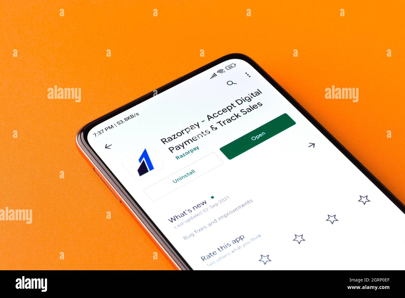 West Bangal, Indien - 28. September 2021 : Razorpay-Logo auf Telefonbildschirm Stock Bild. Stockfoto