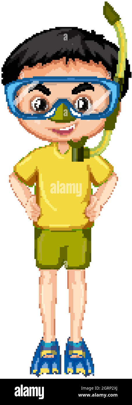 Boy in gelbem Hemd mit Schnorchel und Flossen Stock Vektor