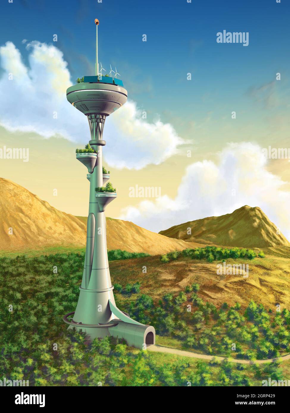 Futuristischer Turm in einer wunderschönen Landschaft. Digitale Illustration. Stockfoto