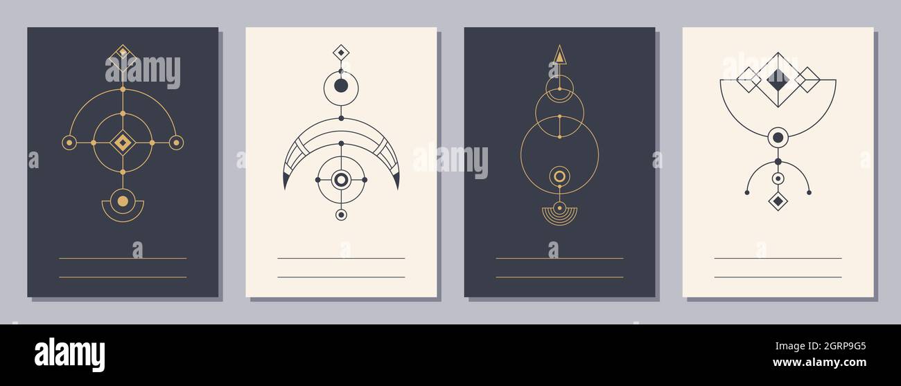 Set von Flyern, Plakaten, Plakaten, Broschüren-Design-Vorlagen im Format A6 mit geometrischen Symbolen. Symbole der Magie, Alchemie, Spiritualität, Okkultismus. Stock Vektor