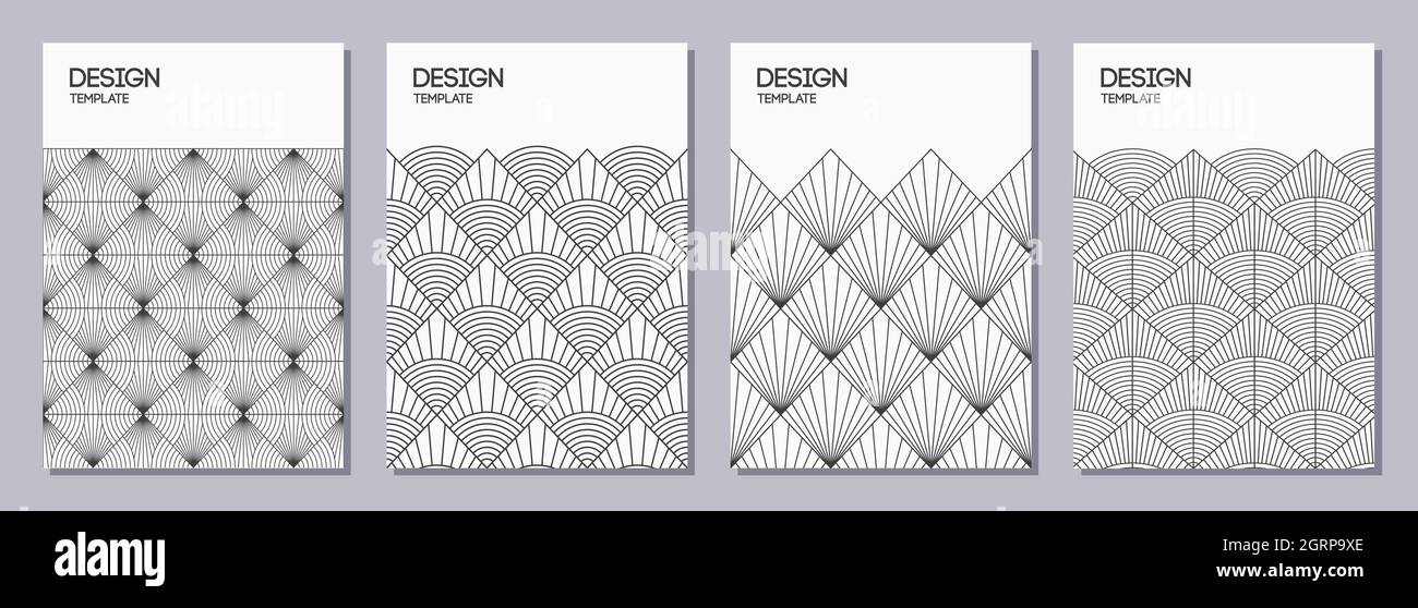 Set von Flyer, Plakaten, Bannern, Plakaten, Broschüren Design Vorlagen A6 Größe. Einfarbige Muster im Art déco-Stil. Grafikdesign-Vorlagen für Grußansagen. Stock Vektor