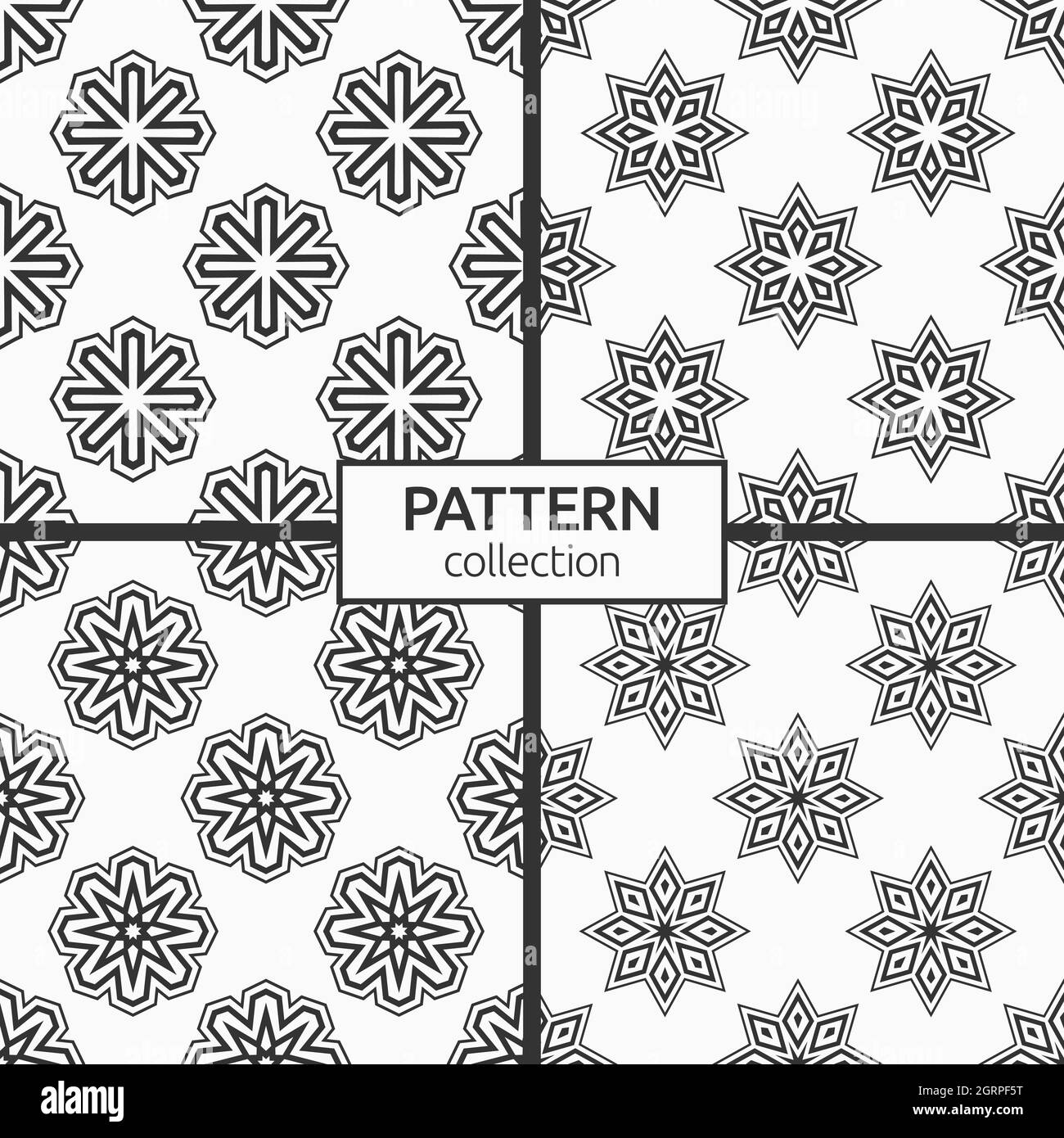 Set aus vier nahtlosen Sternen, Schneeflocken-Muster. Sich wiederholende geometrische Formen. Vektor monochrome Hintergründe. Stock Vektor