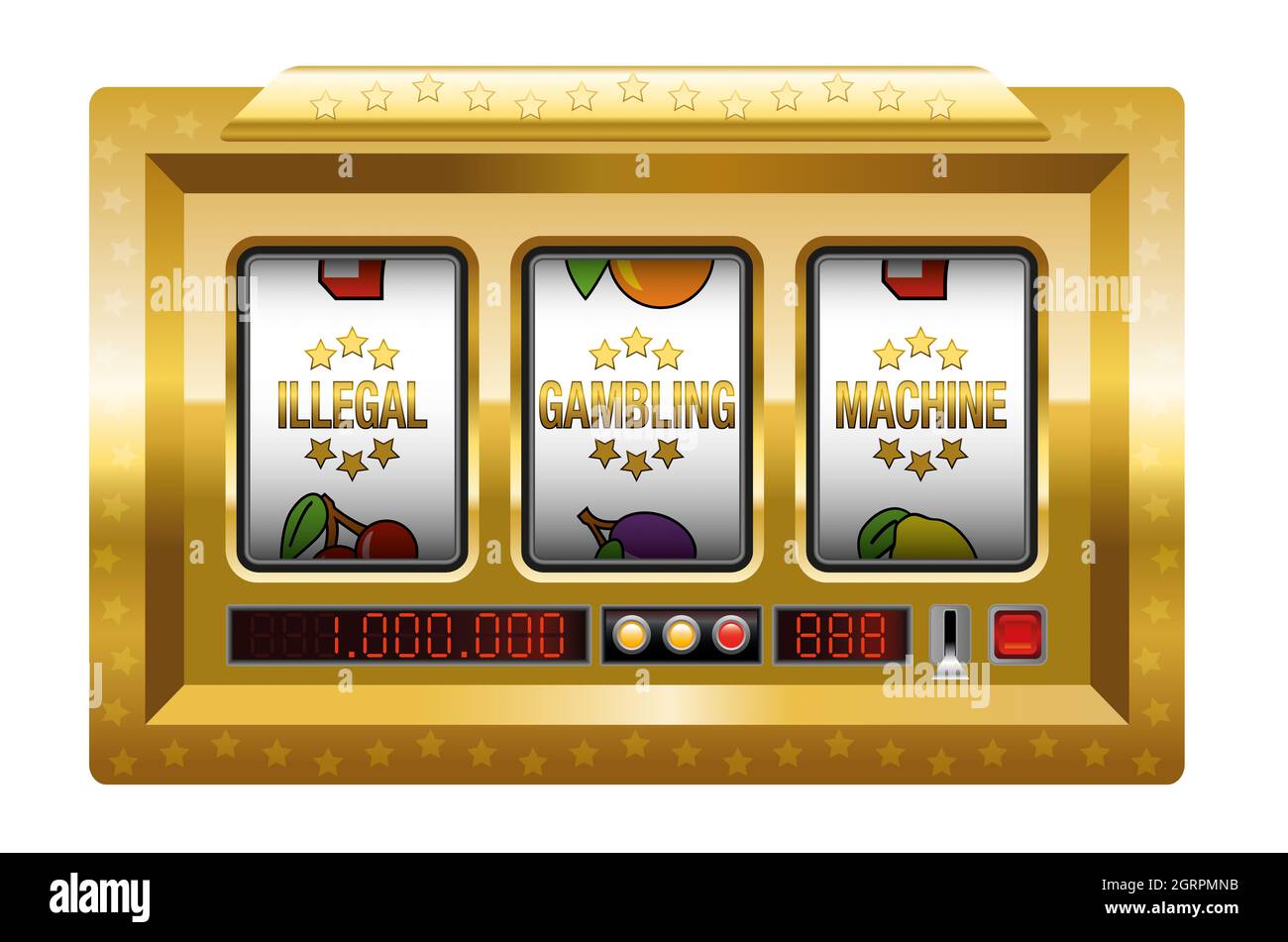 Illegale Glücksspielautomaten - goldener Spielautomat mit drei Walzen Schriftzug ILLEGALE GLÜCKSSPIELMASCHINE - Illustration auf weißem Hintergrund. Stockfoto