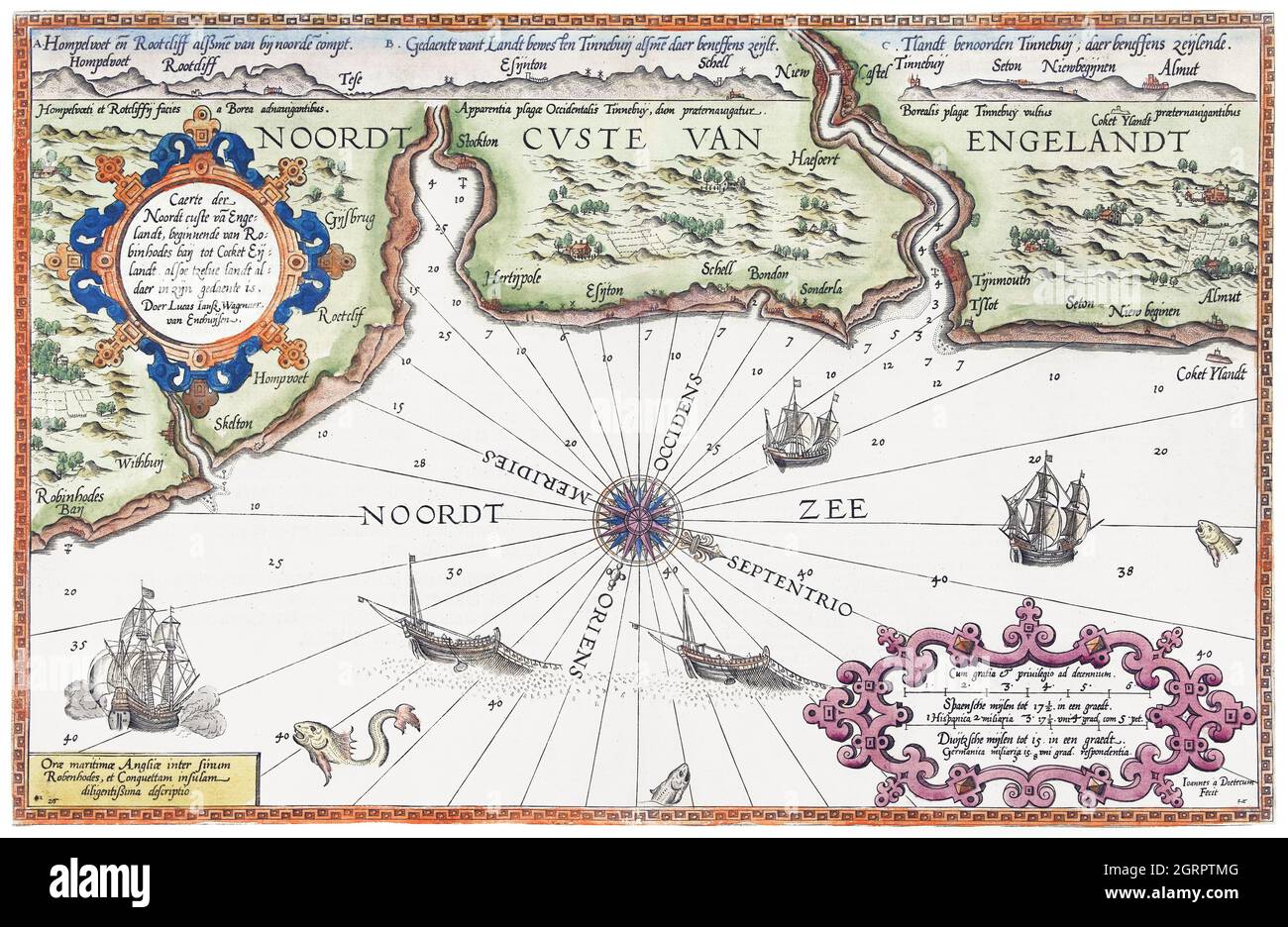 Kaart van de noordkust van Engeland bij Newcastle upon Tyne (1580-1583) von Joannes van Doetechum (I). Karte der Nordküste von England. Stockfoto