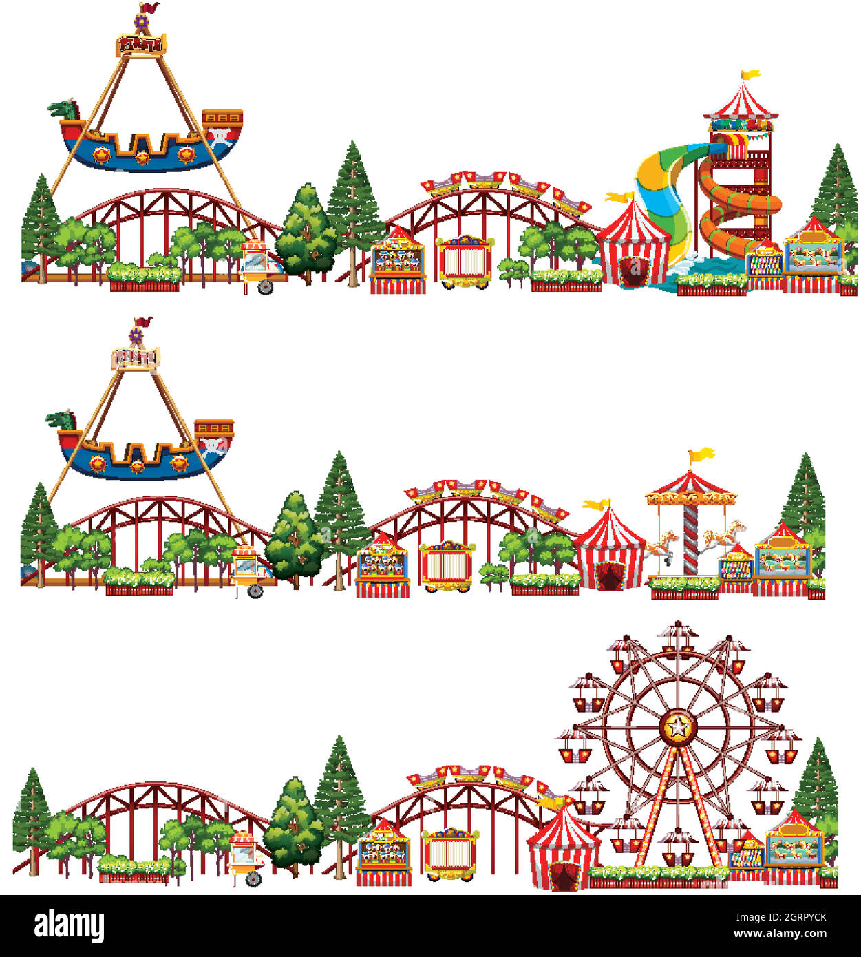 Set von verschiedenen Fahrten im Zirkus auf weißem Hintergrund Stock Vektor