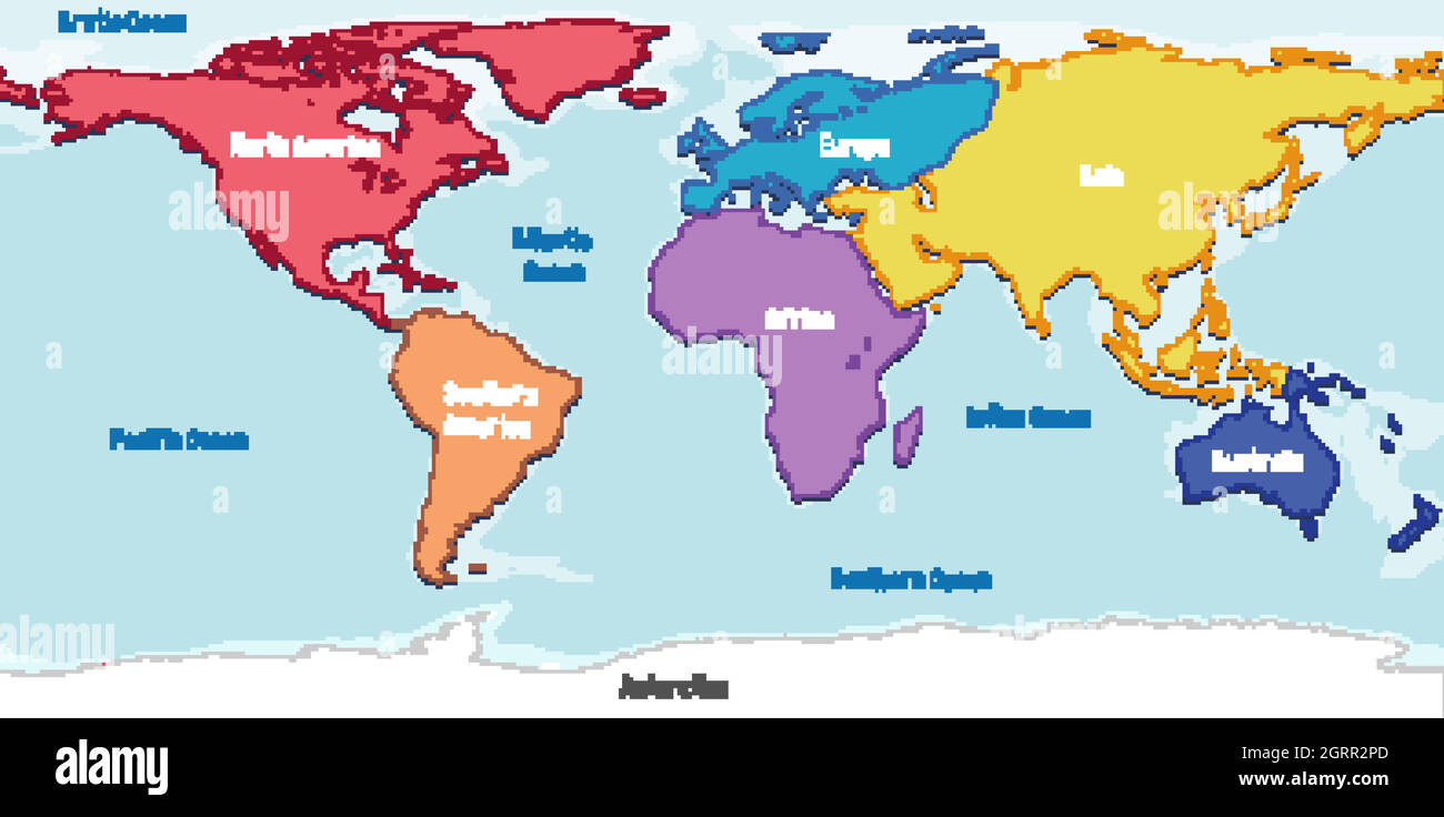 Weltkarte mit Namen der Kontinente und Ozeane Stock Vektor
