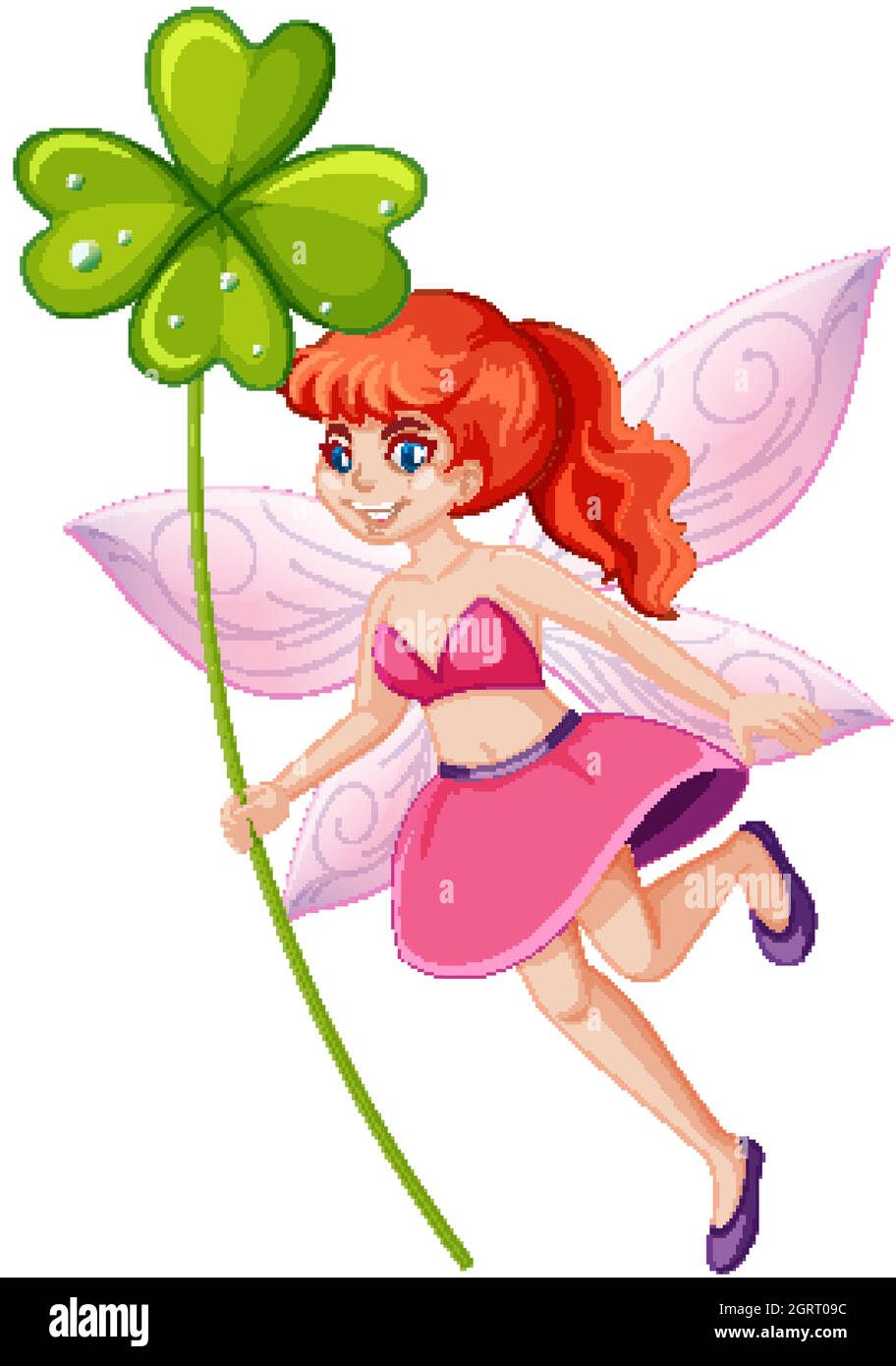 Nette Fee hält einen glücklichen Kleeblatt Zeichentrickfigur auf weißem Hintergrund Stock Vektor