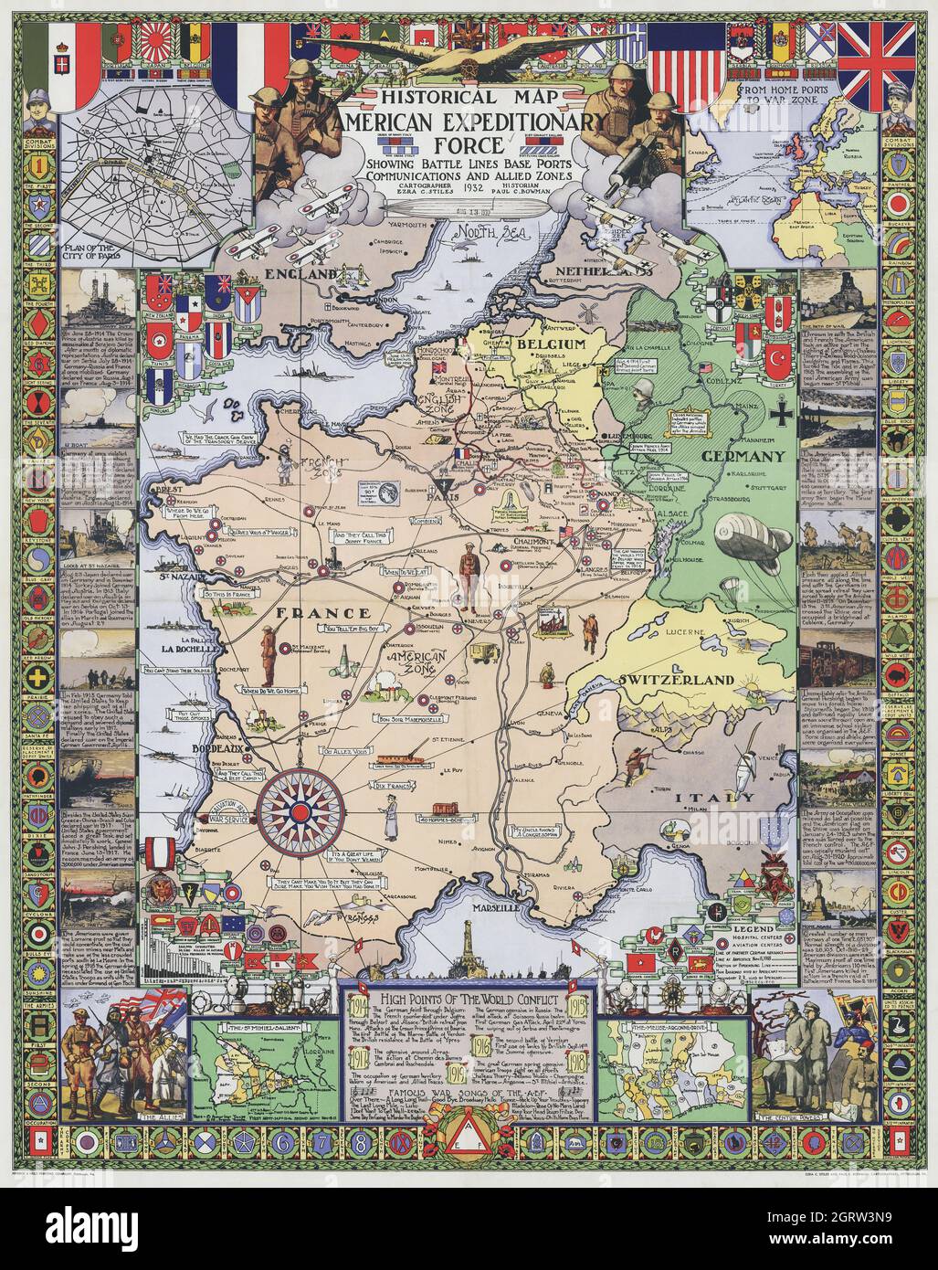 Historische Karte - American Expeditionary Force Europe - 1. Weltkrieg - Karte von Europa Stockfoto