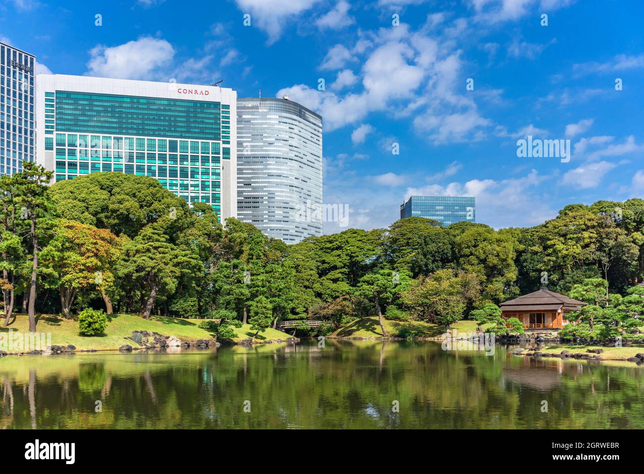 tokio, japan - oktober 28 2021: Conrad und Dentsu Gebäude mit Blick auf den Shiori-no-ike Teich, der die Kiefern und das traditionelle japanische Chashitsu widerspiegelt Stockfoto