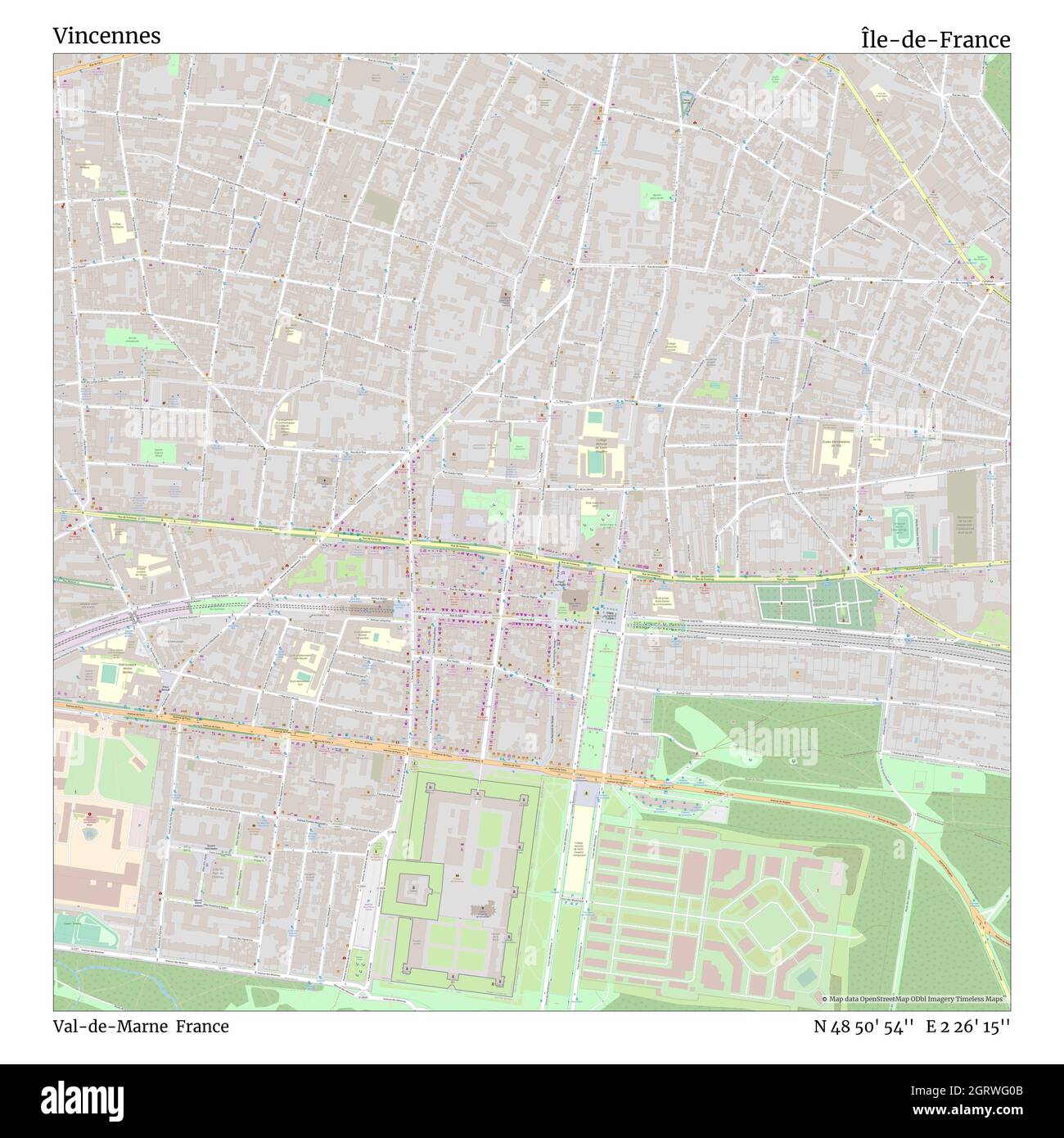 Vincennes, Val-de-Marne, Frankreich, Île-de-France, N 48 50' 54'', E 2 26' 15'', map, Timeless Map veröffentlicht im Jahr 2021. Reisende, Entdecker und Abenteurer wie Florence Nightingale, David Livingstone, Ernest Shackleton, Lewis and Clark und Sherlock Holmes haben sich bei der Planung von Reisen zu den entlegensten Ecken der Welt auf Karten verlassen.Timeless Maps kartiert die meisten Orte auf der Welt und zeigt die Verwirklichung großer Träume Stockfoto