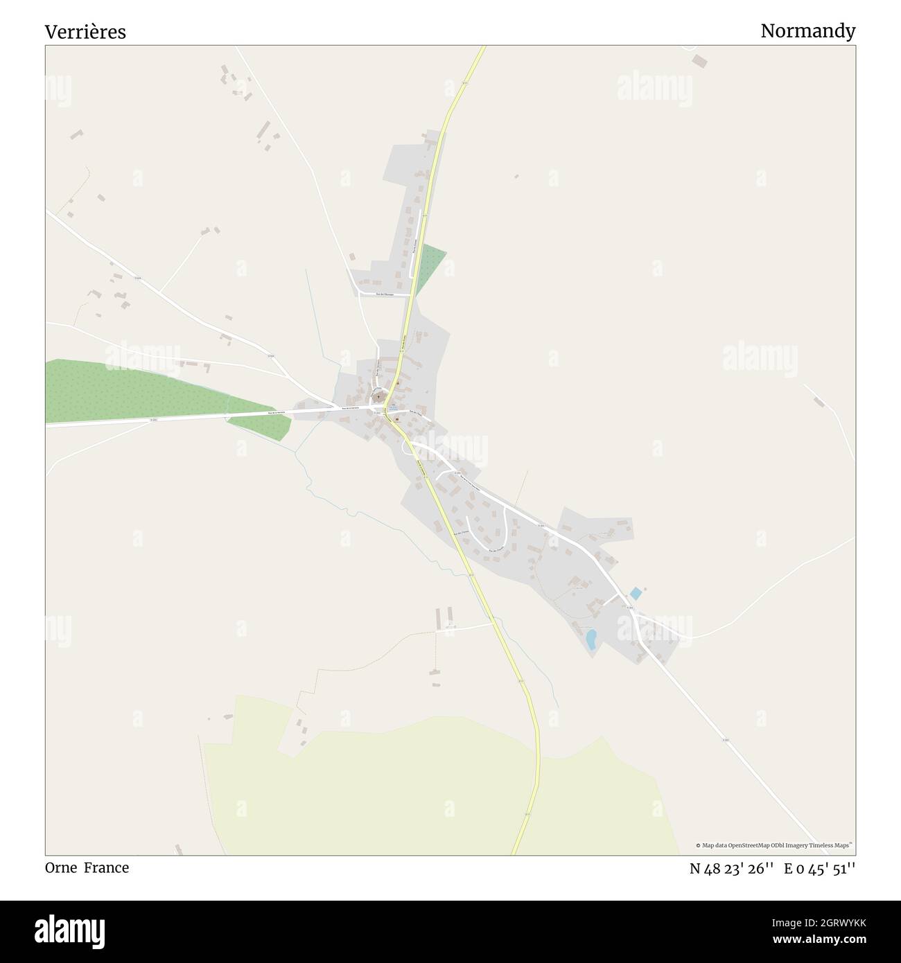 Verrières, Orne, Frankreich, Normandie, N 48 23' 26'', E 0 45' 51'', map, Timeless Map veröffentlicht im Jahr 2021. Reisende, Entdecker und Abenteurer wie Florence Nightingale, David Livingstone, Ernest Shackleton, Lewis and Clark und Sherlock Holmes haben sich bei der Planung von Reisen zu den entlegensten Ecken der Welt auf Karten verlassen.Timeless Maps kartiert die meisten Orte auf der Welt und zeigt die Verwirklichung großer Träume Stockfoto