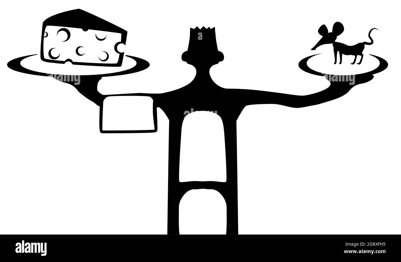 Käse Maus Kellner Figur Silhouette Schablone schwarz, Vektor-Illustration, horizontal, über weiß, isoliert Stock Vektor