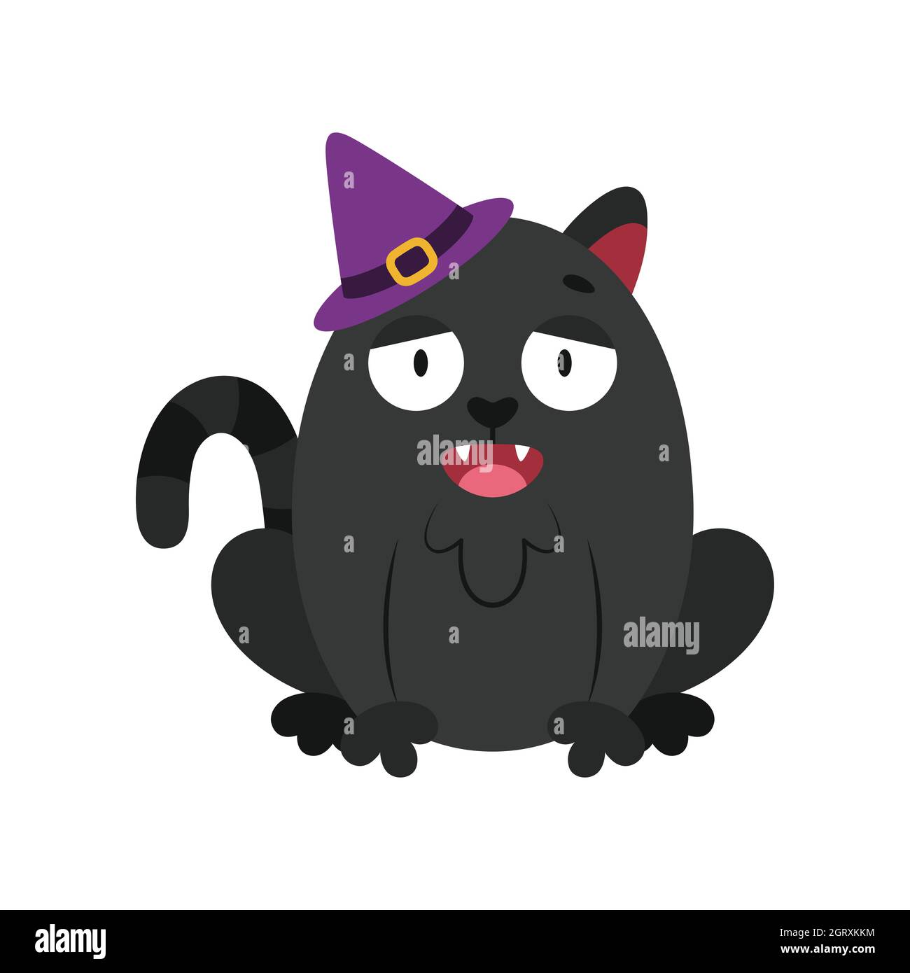 Schwarze Katze im Hexenhut miaut sich. Lustige Halloween-Figur. Cartoon Maskottchen für Urlaub Promotion. Isoliertes Clipart für Grußkarten-Design, Verpackung Stock Vektor