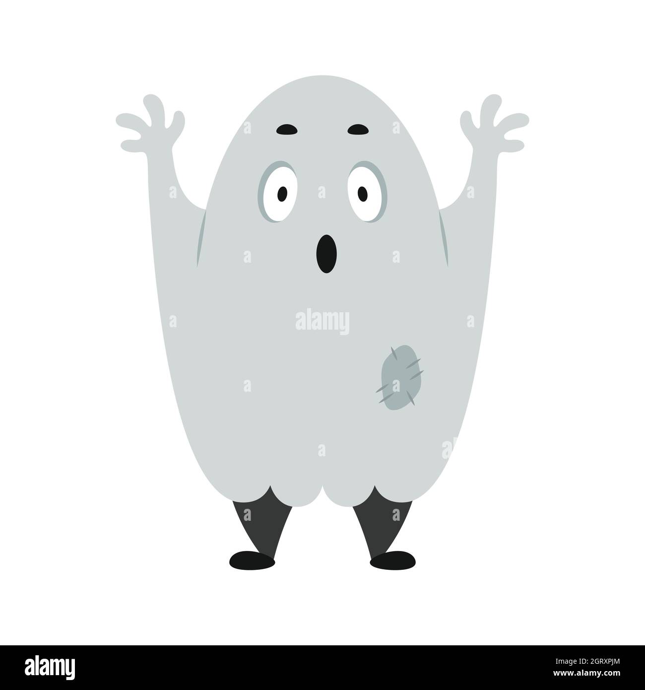 Geist unter dem Blatt. Lustige Cartoon Halloween-Charakter. Niedliches Kostüm für gruselige Party. Angst vor dem Geist. Boo. Cooles Maskottchen für Herbsturlaub Promotion. Stock Vektor