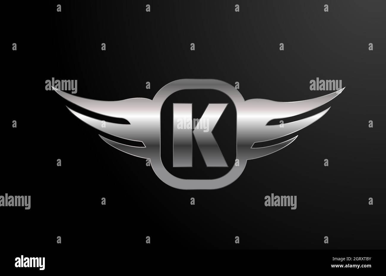 K Buchstabe Logo Alphabet für Geschäft und Firma mit Flügeln und silberner Farbe. Corporate Schriftzug und Umschrift mit Metalldesign-Ikone Stock Vektor