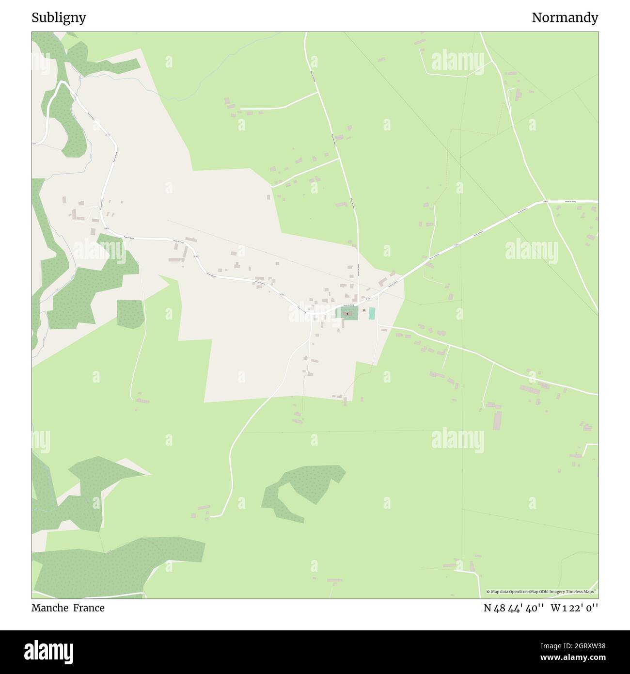 Subligny, Manche, Frankreich, Normandie, N 48 44' 40'', W 1 22' 0'', map, Timeless Map veröffentlicht im Jahr 2021. Reisende, Entdecker und Abenteurer wie Florence Nightingale, David Livingstone, Ernest Shackleton, Lewis and Clark und Sherlock Holmes haben sich bei der Planung von Reisen zu den entlegensten Ecken der Welt auf Karten verlassen.Timeless Maps kartiert die meisten Orte auf der Welt und zeigt die Verwirklichung großer Träume Stockfoto