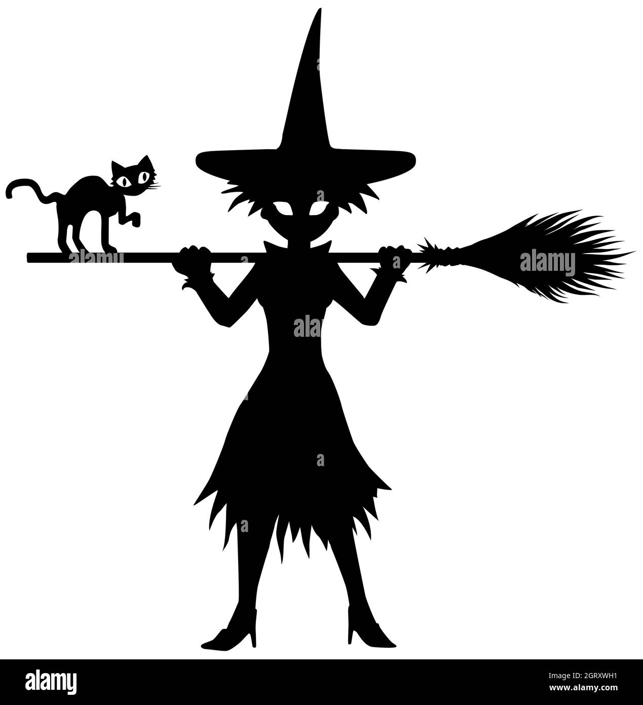 Junge Hexe posiert mit Broomstick auf Schultern Figur Silhouette Schablone schwarz, Vektor-Illustration, vertikal, über weiß, isoliert Stock Vektor