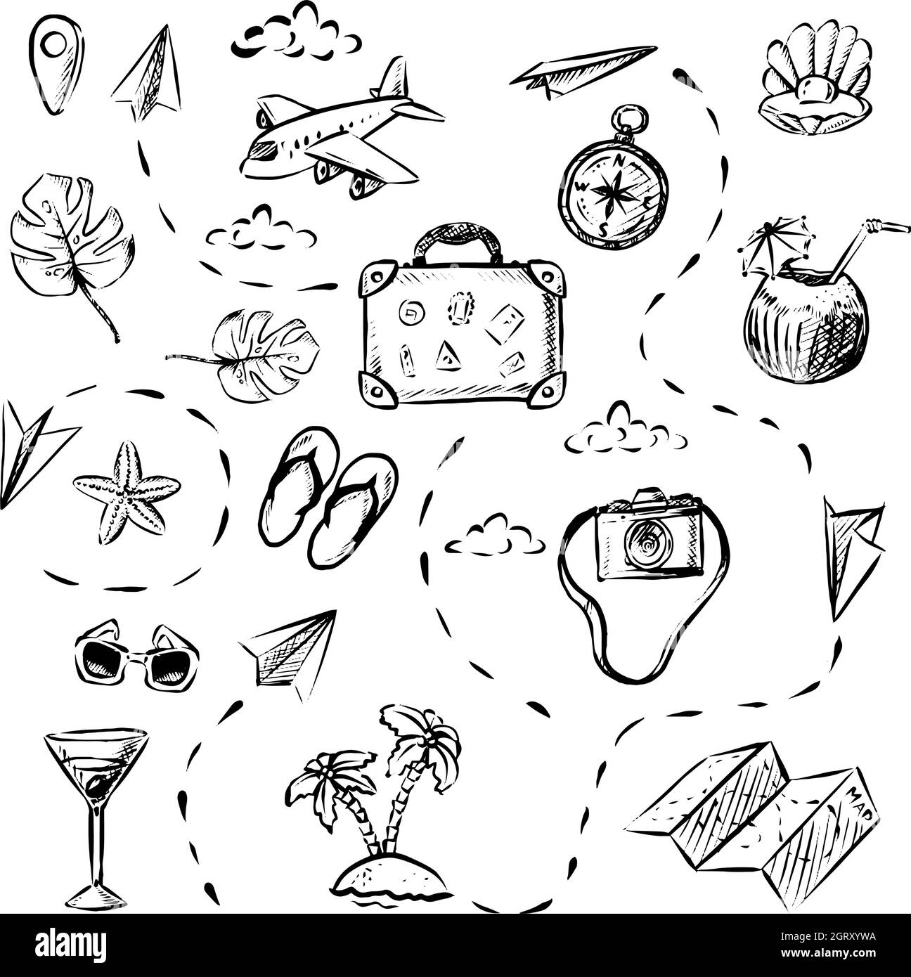 Vector-Reisesbanner. Handgezeichnete Elemente, Flugzeug, Gepäck, Kompass, Kokos, Shell, MAP. Stock Vektor