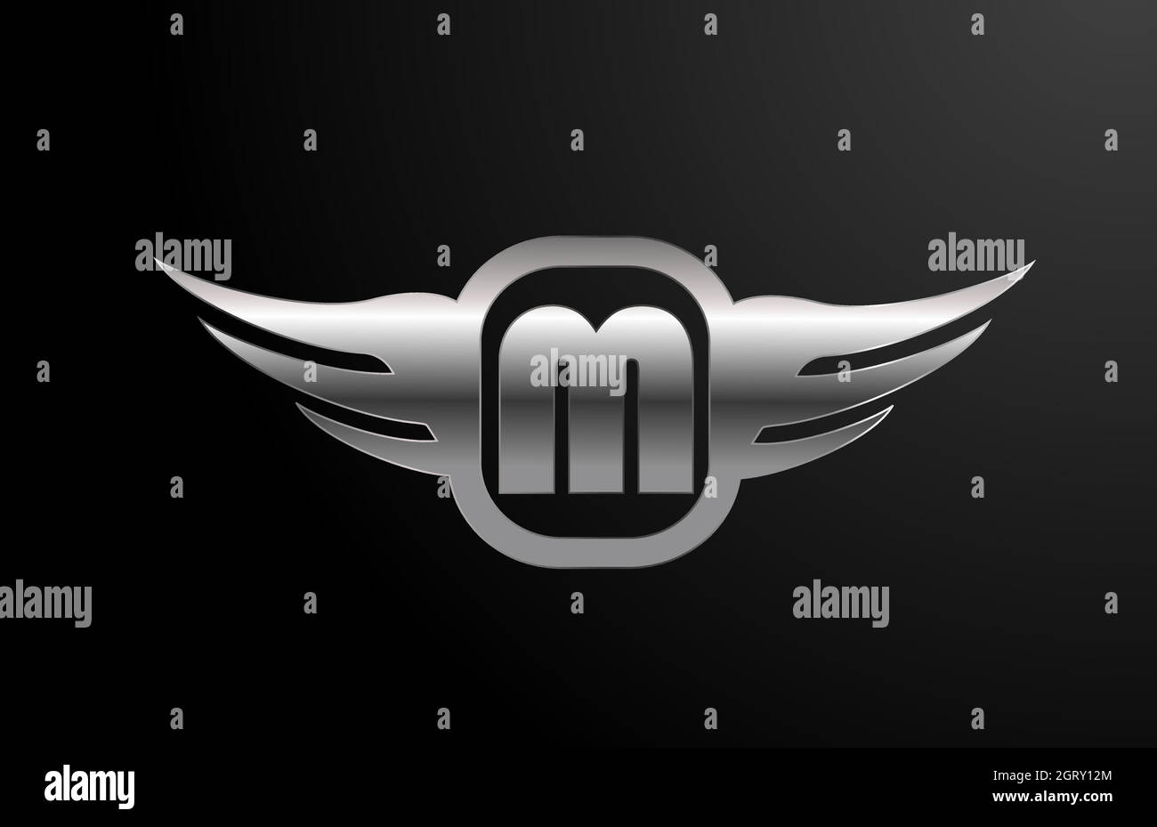 M Buchstabe Logo Alphabet für Geschäft und Firma mit Flügeln und silberner Farbe. Corporate Schriftzug und Umschrift mit Metalldesign-Ikone Stock Vektor