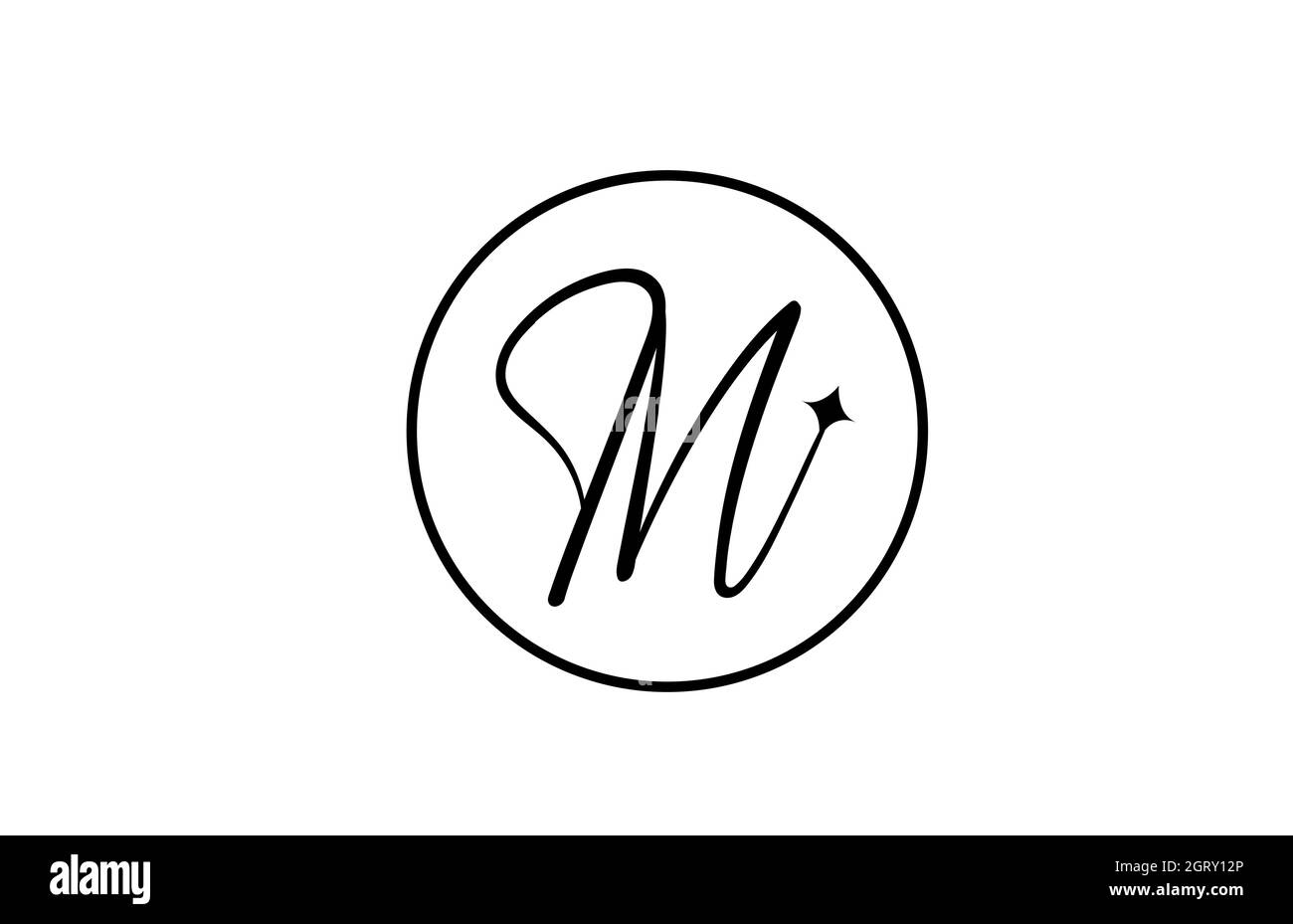 M Alphabet Buchstaben Logo für Business mit Stern und Kreis. Schlichter eleganter Schriftzug für Unternehmen. Corporate Identity Branding Icon Design in weiß und schwarz Stock Vektor
