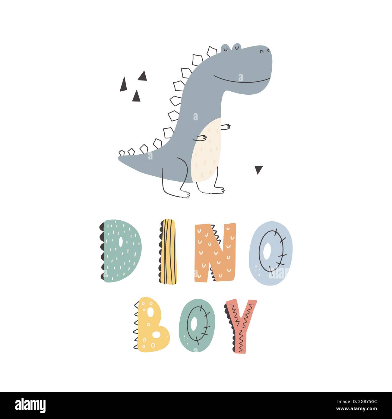 Niedlicher Dinosaurier mit Schriftzug Dino Boy Slogangrafik mit lustigen Dinosaurier-Cartoons. Stock Vektor