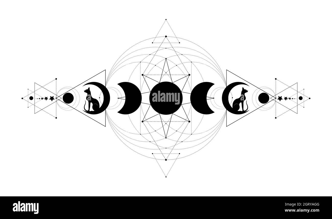 Mystische Mondphasen, Heilige Geometrie. Dreifacher Mond und schwarze Katzen, heidnische Wiccan Göttin Symbol, Silhouette Wicca Banner Zeichen, Energie Kreis, das Rad Stock Vektor
