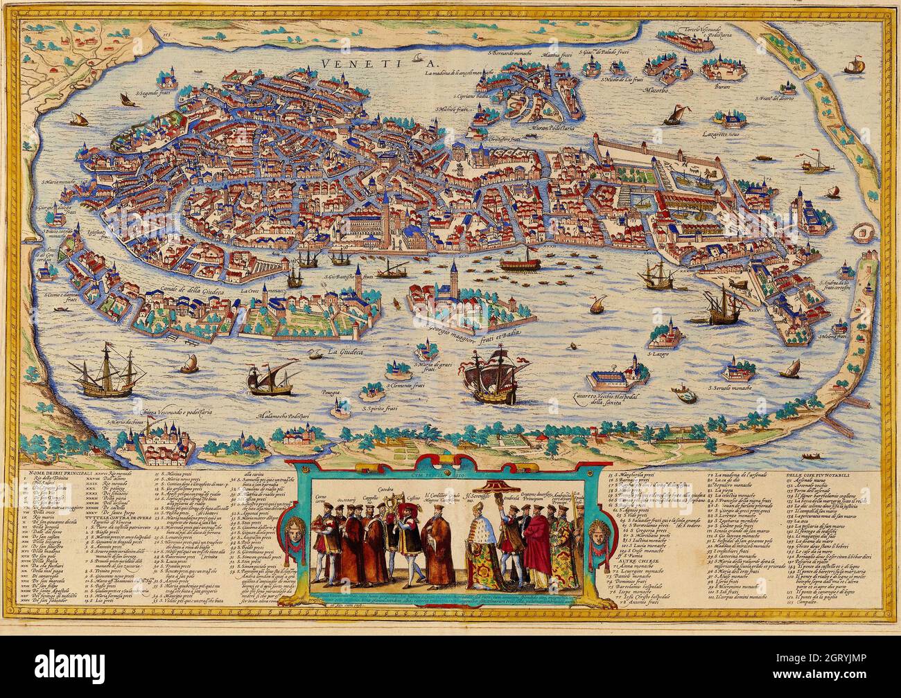 Karte von Venedig, 1572 von Braun und Hogenberg. Stich von Bolognino Zaltieri, 1565. Stockfoto