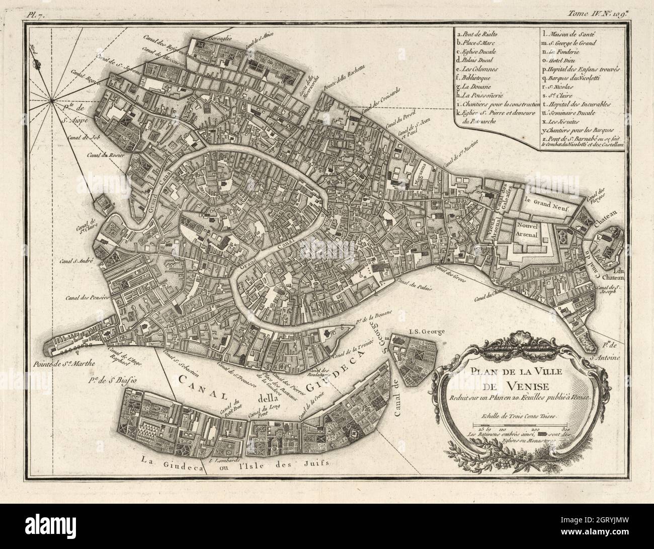 Karte von Venedig, 1764 von Bellin, Jacques Nicolas, 1703-1772. Plan de la ville de Venise : reduit sur un Plan en 20. feuilles publié à Venise. Stockfoto