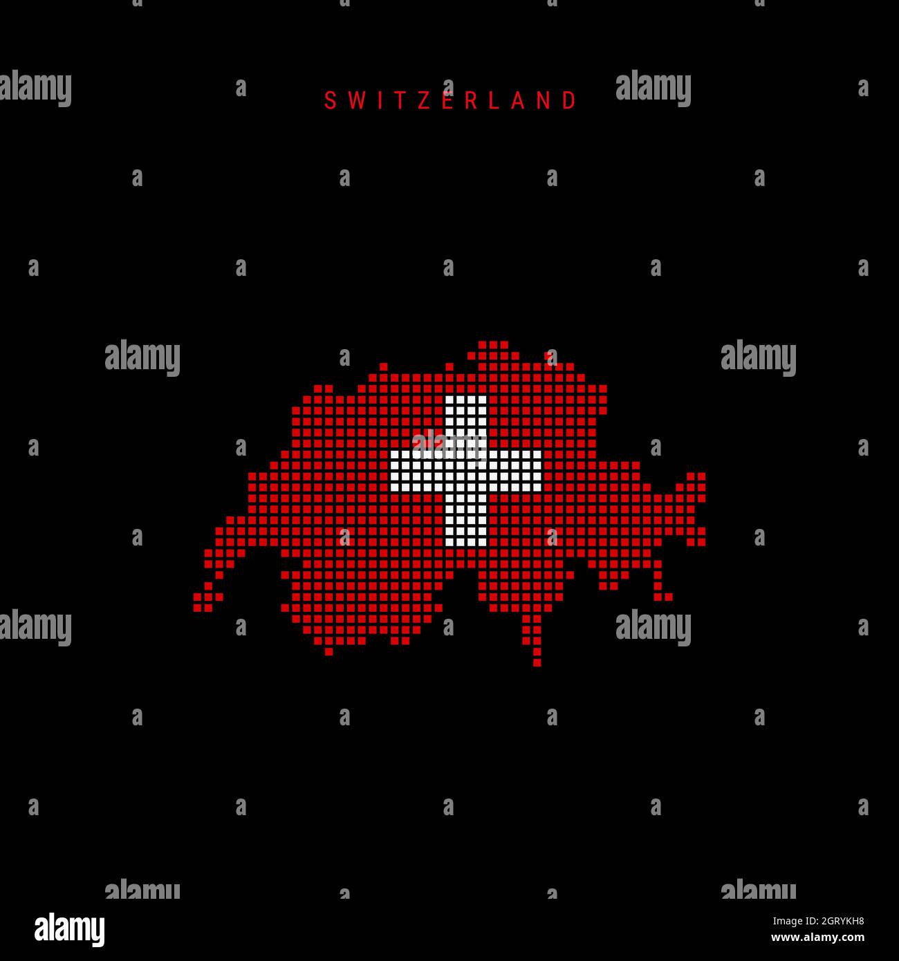 Karte mit quadratischen Punkten und Muster der Schweiz. Gepunktete Pixelkarte mit Nationalflaggenfarben isoliert auf schwarzem Hintergrund. Illustration. Stockfoto