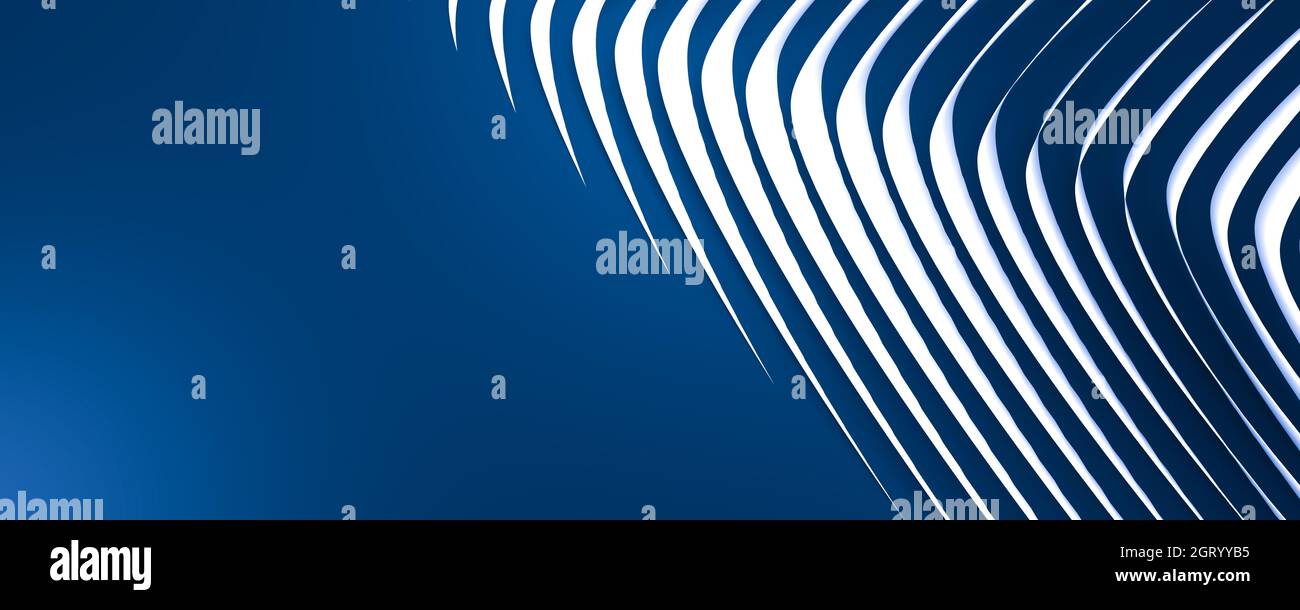 Blauer Hintergrund mit anmutigen weißen geschwungenen Linien auf der rechten Seite und Platz für Text auf der linken Seite. 3d-Rendering. Stockfoto