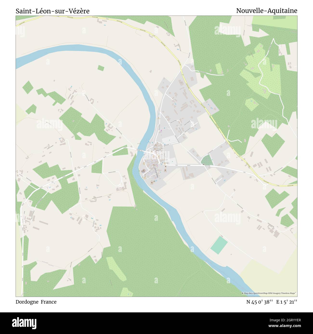 Saint-Léon-sur-Vézère, Dordogne, Frankreich, Nouvelle-Aquitaine, N 45 0' 38'', E 1 5' 21'', map, Timeless Map veröffentlicht im Jahr 2021. Reisende, Entdecker und Abenteurer wie Florence Nightingale, David Livingstone, Ernest Shackleton, Lewis and Clark und Sherlock Holmes haben sich bei der Planung von Reisen zu den entlegensten Ecken der Welt auf Karten verlassen.Timeless Maps kartiert die meisten Orte auf der Welt und zeigt die Verwirklichung großer Träume Stockfoto