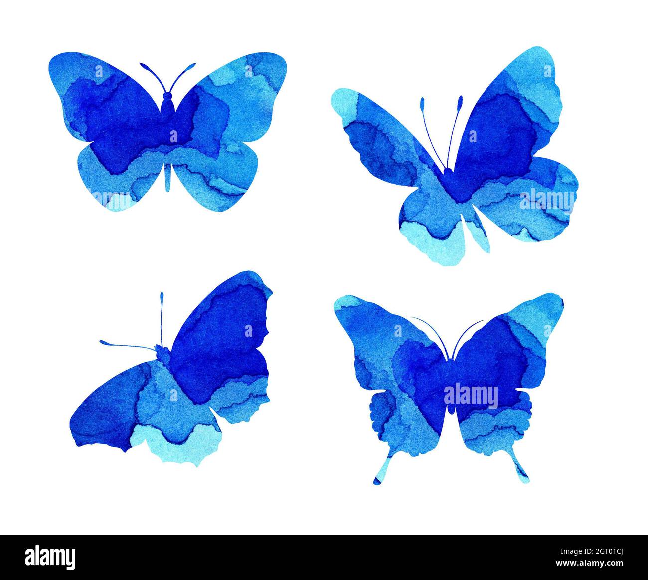 Aquarell-Illustrationen von schönen blauen Silhouetten von Schmetterlingen. Insektenfallen. Aquarell-Blots, Schmetterlinge. Isoliert auf Weiß. Von Hand gezeichnet Stockfoto