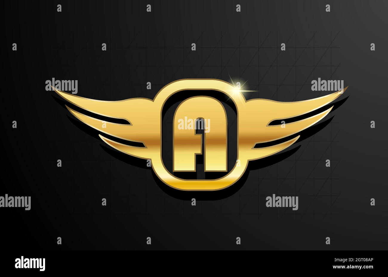 Ein goldenes Buchstaben-Logo-Alphabet für Unternehmen und Unternehmen mit gelber Farbe. Corporate Brading und Schriftzug mit goldenem Metalldesign und Flügel Stock Vektor