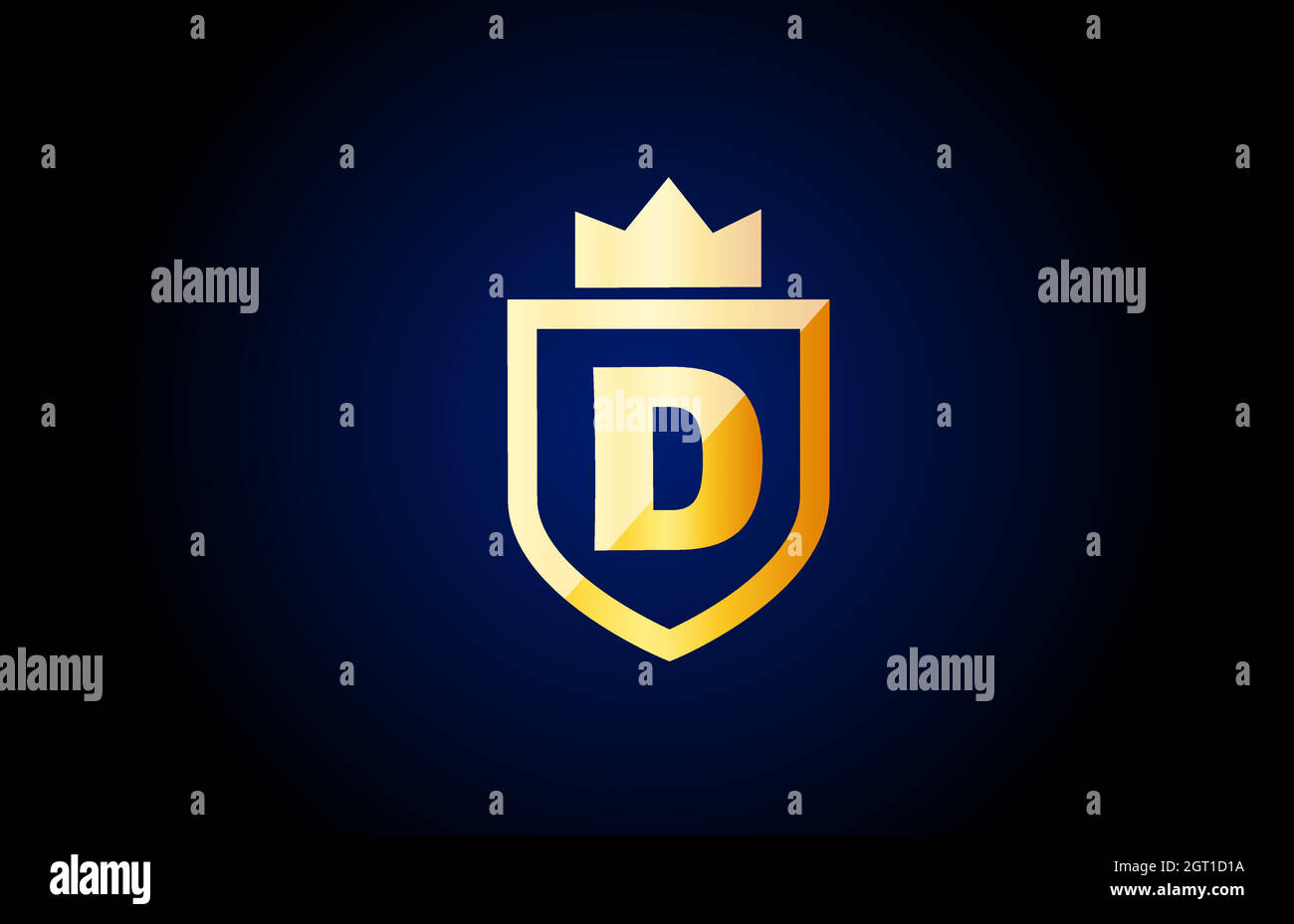 Logo-Symbol mit goldenem D-Alphabet. Design für Geschäfts- und Firmenidentität mit Schild und Königskrone Stock Vektor