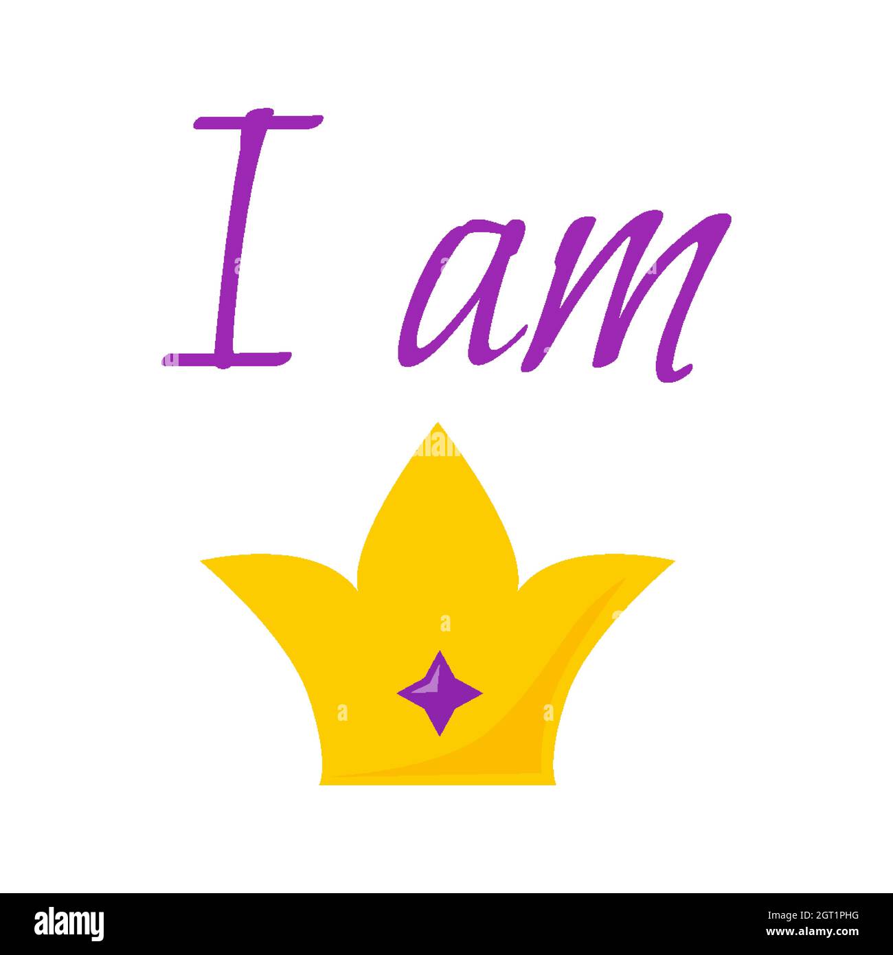 Krone ist Gold mit purpurem Stein in der Mitte und der Inschrift Ich bin eine Königin, Ich bin eine Prinzessin. Postkarte, Werbebanner, Werbung in Geschäften, Plakat für eine Zeitschrift, eine Vorlage für die Braut Stock Vektor