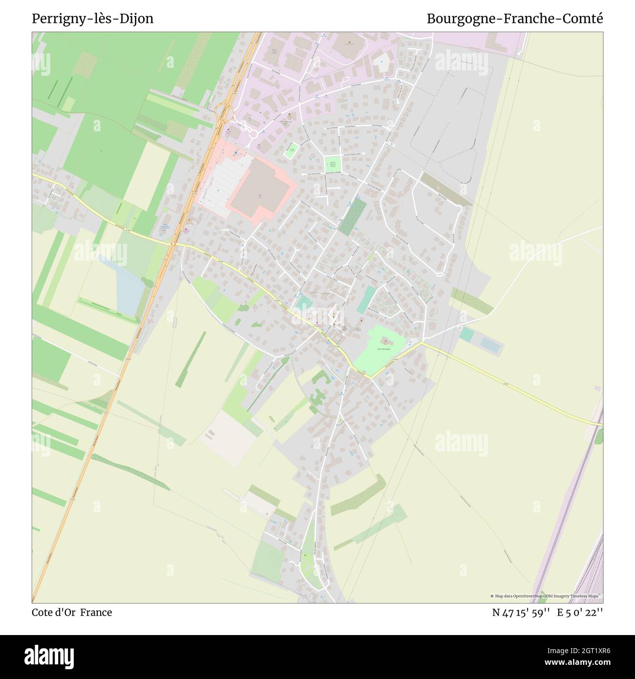 Perrigny-lès-Dijon, Cote d'Or, Frankreich, Bourgogne-Franche-Comté, N 47 15' 59'', E 5 0' 22'', Karte, Zeitlose Karte veröffentlicht im Jahr 2021. Reisende, Entdecker und Abenteurer wie Florence Nightingale, David Livingstone, Ernest Shackleton, Lewis and Clark und Sherlock Holmes haben sich bei der Planung von Reisen zu den entlegensten Ecken der Welt auf Karten verlassen.Timeless Maps kartiert die meisten Orte auf der Welt und zeigt die Verwirklichung großer Träume Stockfoto