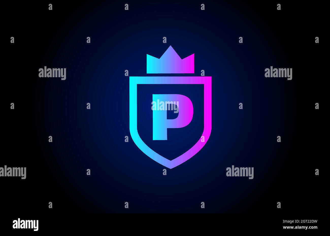 royal P Alphabet Buchstaben Symbol Logo für Unternehmen. Firmendesign mit Königskrone und Schild in Farbverlauf für Corporate Identity Stock Vektor